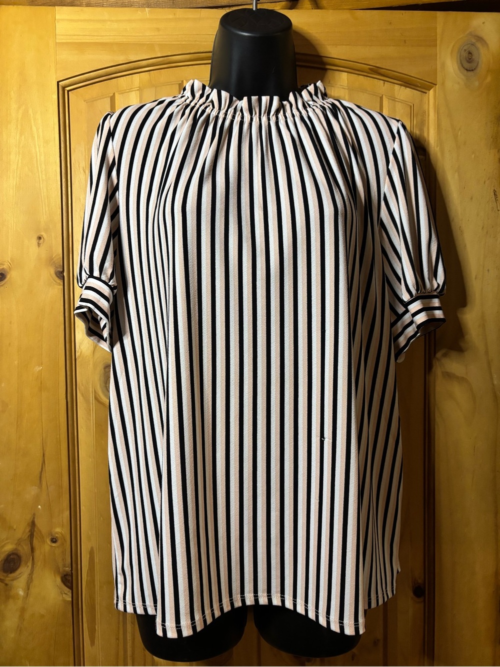 Adrianna Papell Black and White Vertical Stripe Short Sleeve Blouse